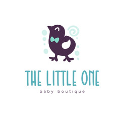 Logo design for kid toys store, market, boutique with cute little boy chicken character silhouette isolated on white background. Baby accessories boutique emblem design. Vector flat illustration.