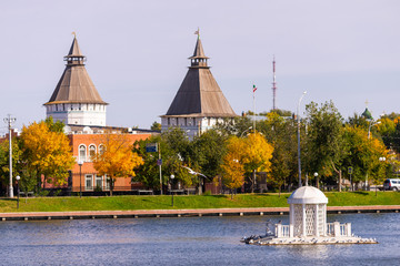 Astrakhan, Russia. The ancient pond with the name Swan Lake in center of city