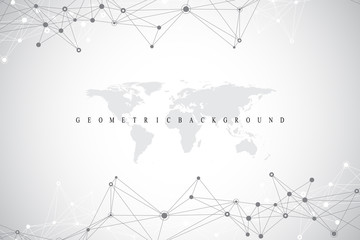 Geometric abstract background with connected line and dots. Network and connection background for your presentation. Graphic polygonal background. Scientific vector illustration.