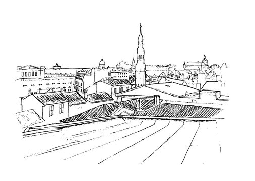 drawing view of the roofs, the old city.the sketch is black and white.vector image.
