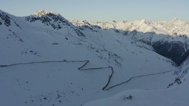 Aerial shot of Timmelsjoch, which is a high mountain pass that creates a link through the &Ouml;tztal Alps along the border between Austria and Italy.
