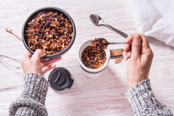 Thermos Travel Mug, White Tumbler Cup,  Preparing winter fruit tea