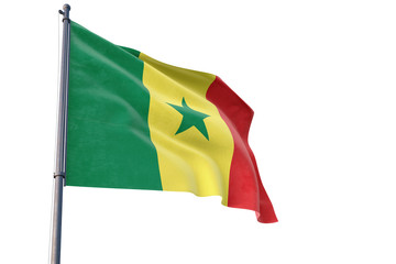 Senegal flag waving on pole with white isolated background. National theme, international concept.