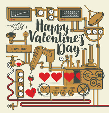 Vector banner on the theme of Valentine's Day with red hearts, inscription and a decorative factory of love. Illustration with a love conveyor, laboratory or industrial equipment, devices, mechanisms.