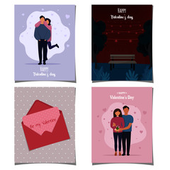 Valentine’s Day greeting card set. Loving couple, romantic night in the park and envelope with words of love. Collection of romantic cards. Flat vector illustration