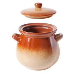 Brown clay pot and levitating lid on a white background
