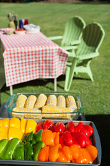 Slices of bell peppers and sweet corn in glass containers with dining table and chairs at lawn
