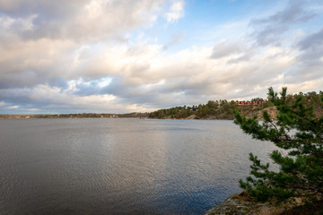 Panoramic view of Baltic Sea bay in spring. Landscape with beautiful green pines branches in front. Horizon, skyline. Islands with pines and houses. Scandinavian archipelago, Sweden.