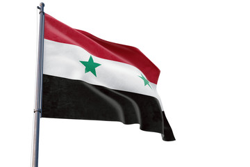 Syria flag waving on pole with white isolated background. National theme, international concept.