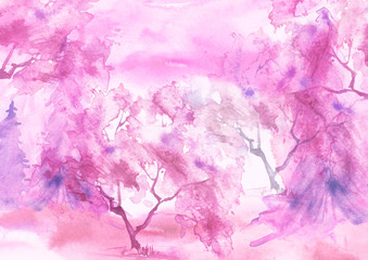Fototapeta na wymiar Watercolor landscape. pink trees, bushes,spruce, pine, cedar.Watercolor group of trees - willow, sakura, aspen,cherry, apple. The silhouette of the forest, sunset, sunrise. Summer, spring, autumn.