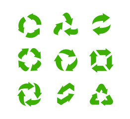 Obraz premium Recycle vector icons set, green arrows green safe emblem template for packaging of environmentally friendly products