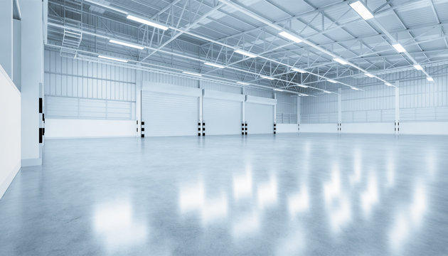 Roller door or roller shutter inside factory, warehouse or industrial building. Modern interior design with polished concrete floor and empty space for product display, industry background. 3d render.