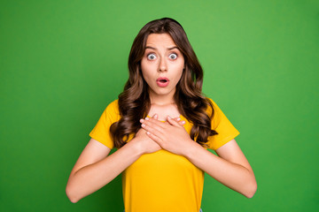 Close-up portrait of her she nice attractive lovely worried puzzled scared wavy-haired girl got bad horrible news isolated over bright vivid shine vibrant green color background