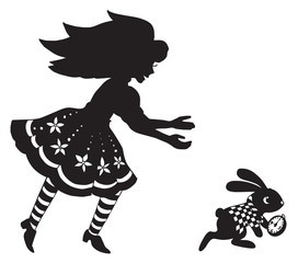 the silhouette of Alice and the rabbit - obrazy, fototapety, plakaty
