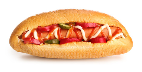 Tasty hot dog on white background