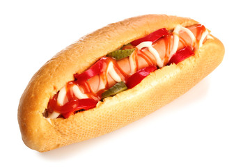 Tasty hot dog on white background
