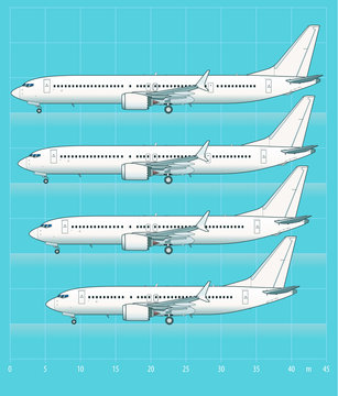 Outline drawing of an aircraft family with different sizes on a blue background