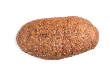 homemade bread with bran and different seeds isolated on white background. top view