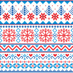 Winter, Christmas Fair Isle style traditional knitwear vector seamless pattern with snowflakes, trees and hearts