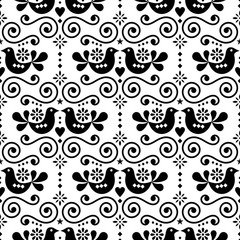 Scandinavian folk seamless vector pattern, repetitive floral cute Nordic design with birds in black on white background