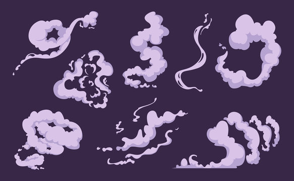 Comic smoke. Cartoon smell explosion vfx clouds of wind vector set. Smoke cloud and fog steam effect, motion vapor illustration