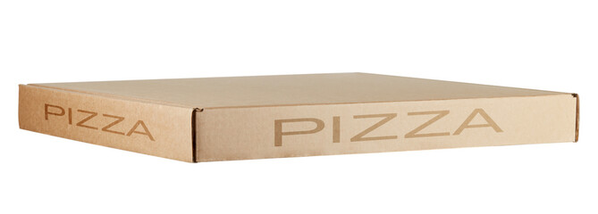Closed pizza box isolated on white background. The top and two side faces of the box are visible.