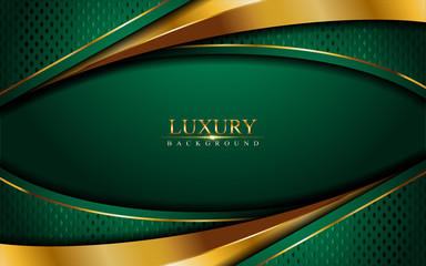 Luxury green background combine with glowing golden lines. Overlap layer textured background