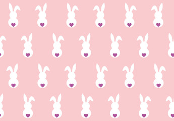 Seamless pattern for Easter with white bunnies and heart-shaped tails on pink background