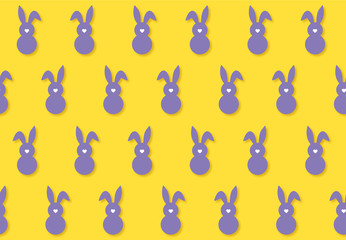 Seamless vernal pattern with purple Easter bunny and white heart-shaped nose on a cheerful yellow background