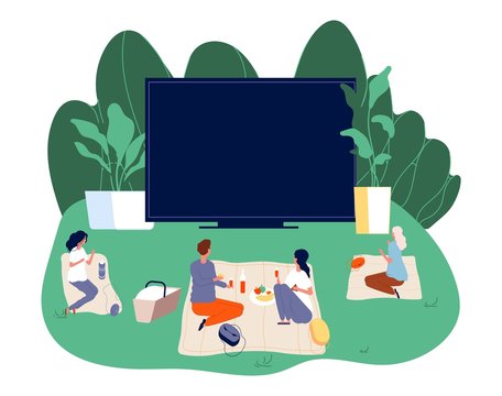 Open Air Cinema. Outdoors Movie Illustration. Teenagers With Snacks And Screening Film. Romantic Couple Date Vector Concept. Movie Cinema Outdoor, Entertainment Watching Illustration