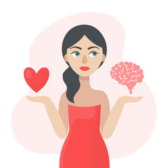 A young woman is thinking about what decision to make. The concept of choice.The heart or the brain.Doubts, worries.Flat vector illustration on white background.