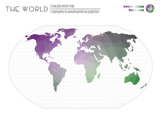 Polygonal world map. Kavrayskiy VII pseudocylindrical projection of the world. Purple Green colored polygons. Amazing vector illustration.