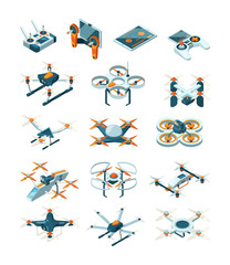 Drones isometric. Aircraft future modern technologies transport unmanned aviation vector set. Radio delivery flying by rotorcraft, transport contemporary illustration