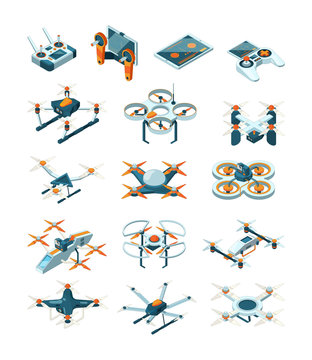 Drones Isometric. Aircraft Future Modern Technologies Transport Unmanned Aviation Vector Set. Radio Delivery Flying By Rotorcraft, Transport Contemporary Illustration