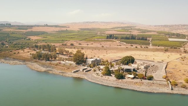 Orthodox Church of the 12 apostles. Sea of Galilee. Capernaum. Aerial view