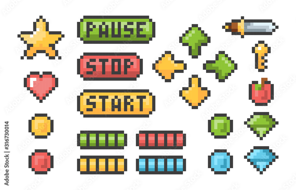Poster Pixel buttons. Retro video games trophy pictogram menu bars ui elements vector pixel set. Illustration button game collection, web retro pixel