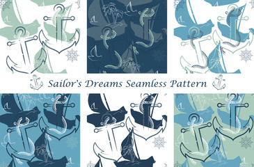 Sailor's Dreams Seamless Pattern with nautical elements for Big or Little Sailors. Navy inspired color theme; It fits any surface you like, T-Shirt, Wall Covering, Bed Linen, Wrapping Paper, Mugs etc.