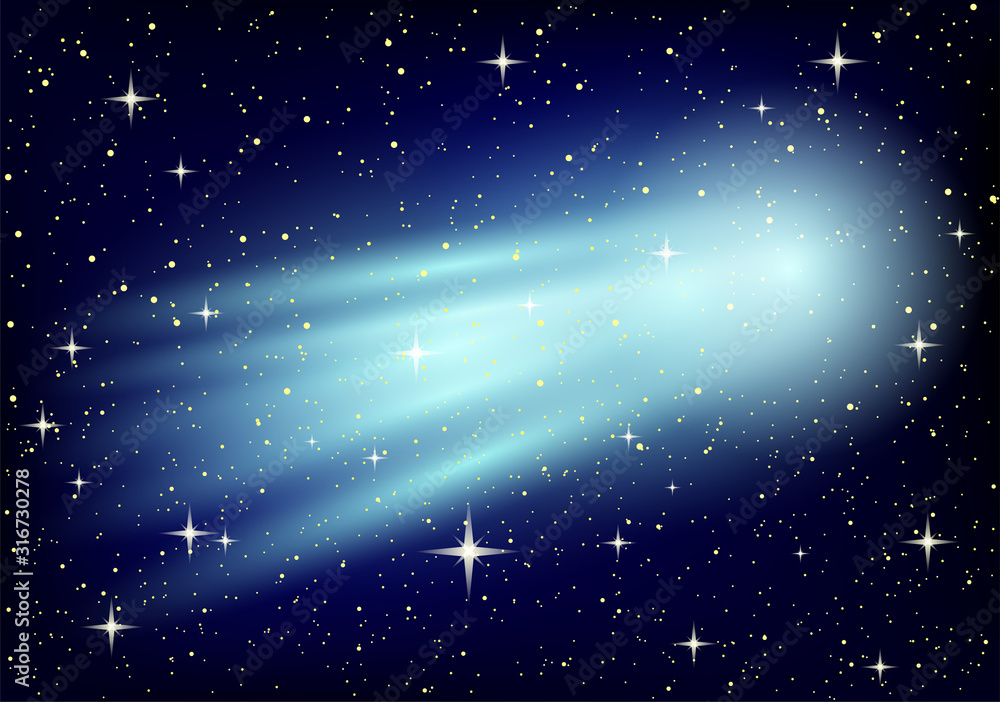 Wall mural space background with comet and stars on a dark background.