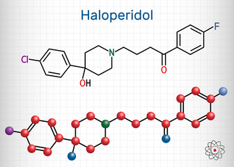 Haloperidol molecule, is antipsychotic medication. Structural chemical formula and molecule model. Sheet of paper in a cage. Vector illustration