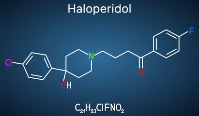 Haloperidol molecule, is antipsychotic medication. Structural chemical formula on the dark blue background