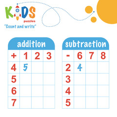 Easy colorful math count and write worksheet practice for preschool and elementary school kids.