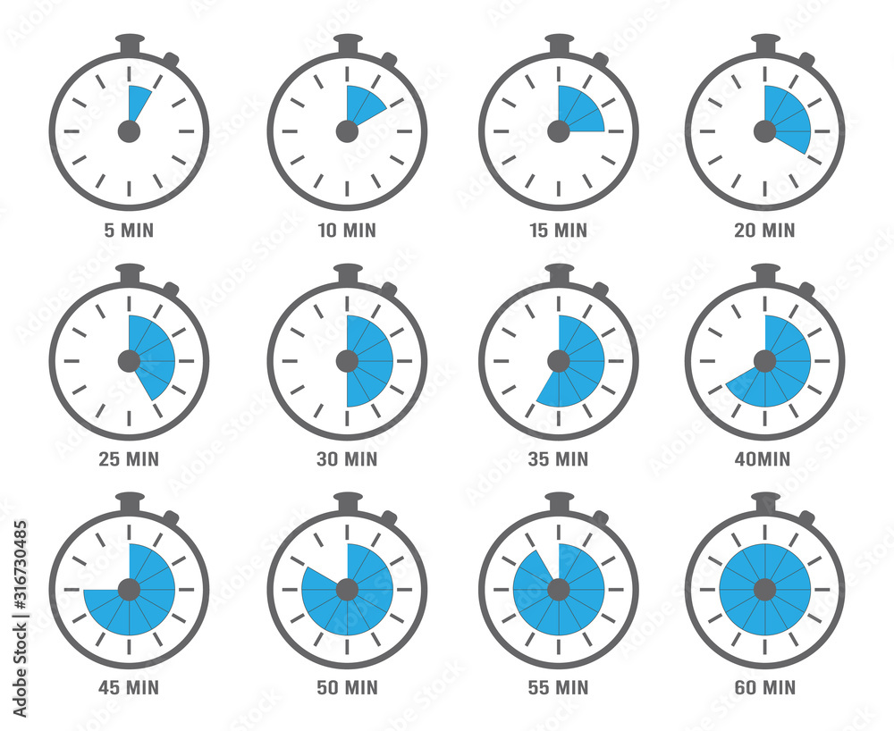 Poster clock symbols. timers minutes and hours circle graph objects 5, 10 and 20 min vectors. clock with se