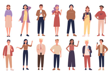 Fototapeta premium People wearing casual clothes vector illustrations set. Stylish men and women flat characters collection. Youth fashion, different street clothing styles, trendy women and mens outfits