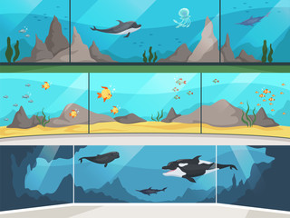 Museum aquarium. Underwater zoo children with parents watching big fishes vector horizontal banner. Illustration oceanarium and aquarium, underwater museum