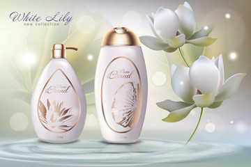 White lily cosmetics advertising banner vector template. Natural beauty products plastic containers realistic illustration on white background. Body care organic cosmetic product concept