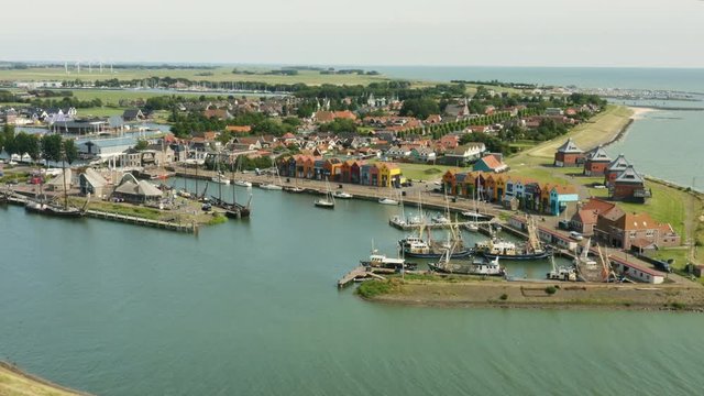 Wide aerial view of Stavoren, the oldest city in Freisland, located on the coast of IJsselmeer in the Netherlands