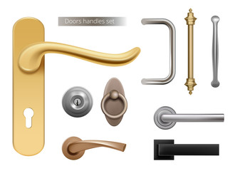 Fototapeta Modern door handles. Silver and golden metal furniture handles for opened room doors interior elements vector realistic. Handle door, lock and knob illustration obraz