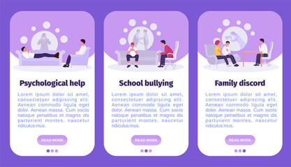 Set of Landing page templates for psyhology mental problems. psychological problems, school bullying, problems in a couple. Flat vector illustration