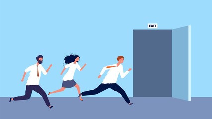 Happy business people run to exit. Weekend started, work day ended. Evacuation vector illustration. Businessman run to exit, door open