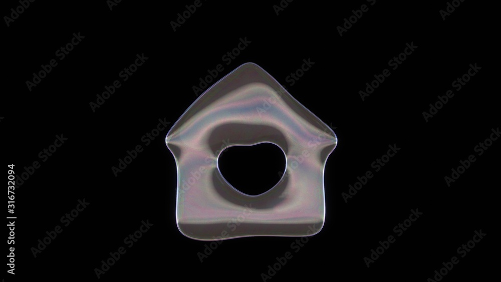 Poster 3d rendering of distorted transparent soap bubble in shape of symbol of house isolated on black back